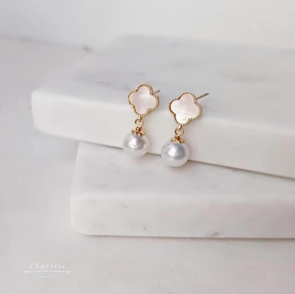 ❤️Ada白貝母四葉草珍珠耳環